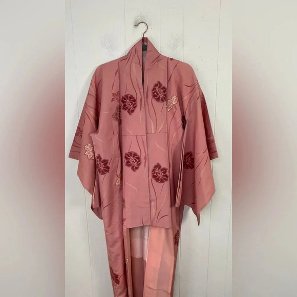 Kimono Japanese Vtg Silk Coats Jackets Haori Cardigan Pink Floral Long OS* - Picture 2 of 16